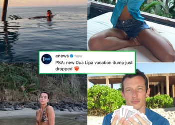 Dua Lipa flaunts her jaw-dropping figure in a tiny leopard print bikini while hunky fiancé Callum Turner goes shirtless as they hit the beach amid their romantic getaway