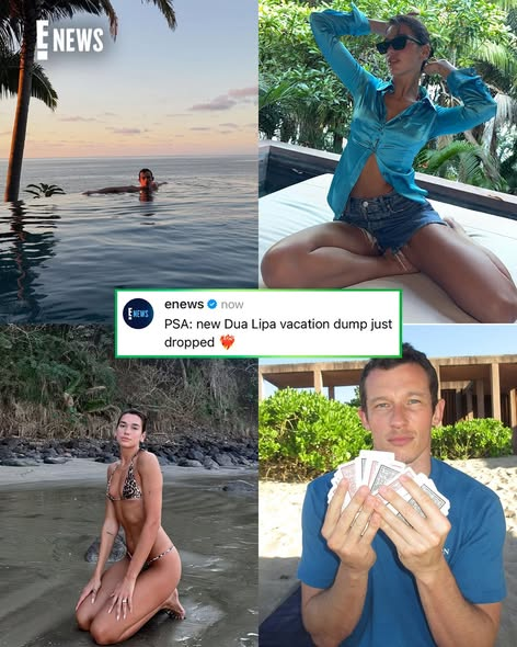 Dua Lipa flaunts her jaw-dropping figure in a tiny leopard print bikini while hunky fiancé Callum Turner goes shirtless as they hit the beach amid their romantic getaway